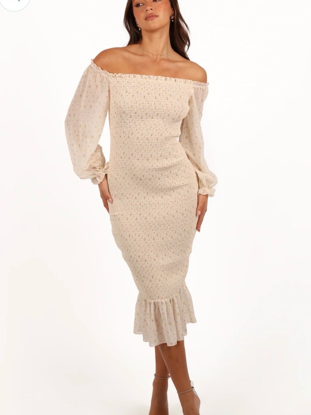 Petal & Pup Sara Midi Dress Tiny Blooms Floral with Puff Sleeves. Fitted